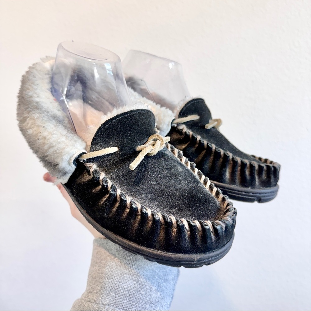 LL Bean Sherpa Lined Moccasin Slippers Cozycore Cabin Black Womens Fits Size 8